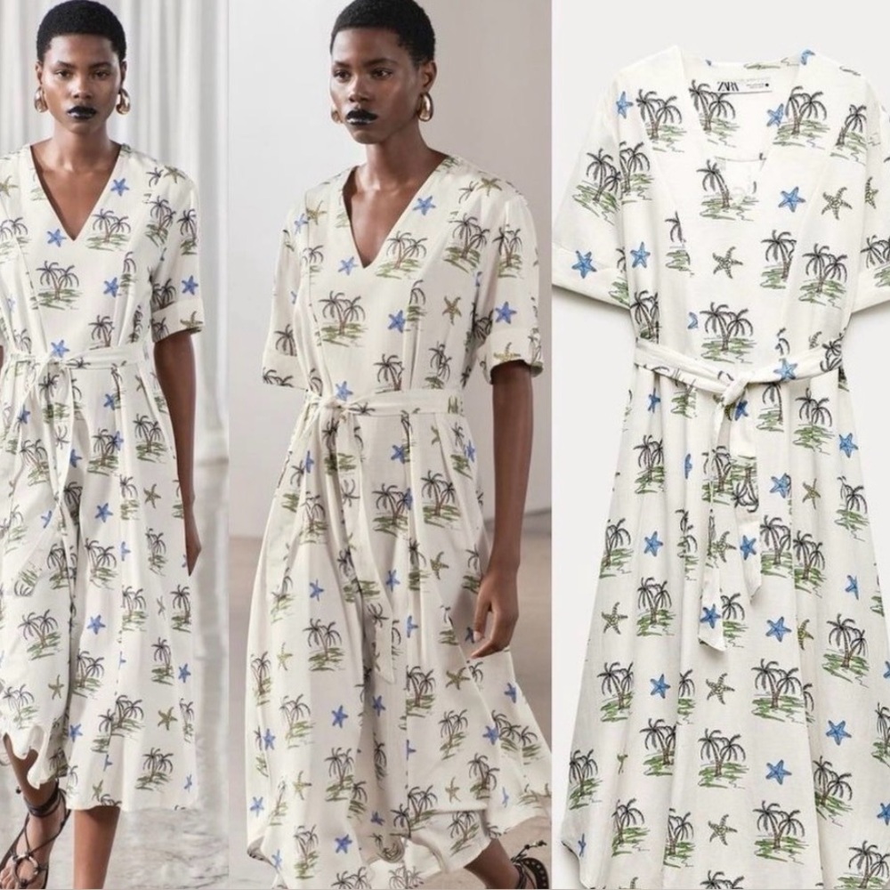 Zara New/Tags Medium White Maxi Dress with Palm Tree Print